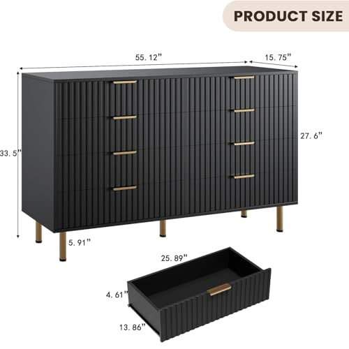 8 Drawer Dresser for Bedroom, Fluted 55" Wide Modern Chest of Drawers with Deep Drawers, Wooden Dresser Organizer for Living Room, Hallway, Kids Room, Black