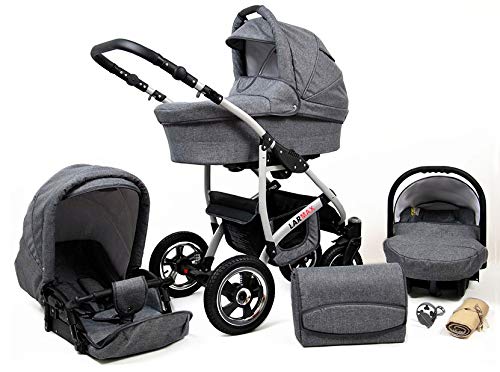 Lux4Kids Kinderwagen 3 in 1 Komplettset mit Autositz Isofix Babywanne Babyschale Buggy Larmax by ChillyKids Grey Flex 3in1 mit Babyschale Cover
