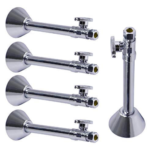 Image of Midline Valve 84212QS-OM-5 Water Supply Straight Stop Valve with 5'' Extension Tube; 1 /4 Turn Handle; 1 /2 in. SWT x 3 /8 inch COMP; Chrome Plated Brass (5 Pack)