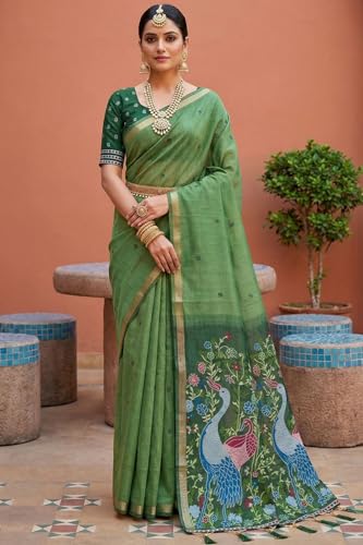 Image of SGF11 Women's Soft Cotton Linen Silk Saree With Unstitched Blouse Piece