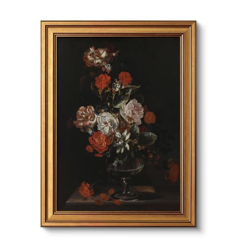 Image of VIYYIEA Vintage Gold Framed Wall Art for Living Room, Flowers Canvas Prints Home Decor, Oil Painting Picture, Bedroom Wall Decor Gifts for Friends or Family -【Cotton Rose】-(16L x 12W)