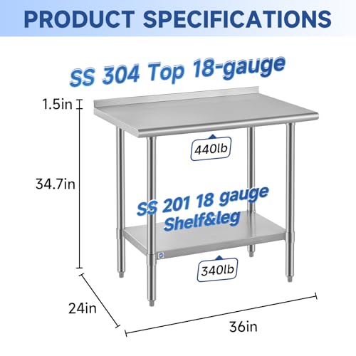 Image of ROCKPOINT SS304 Top All Stainless Steel Table for Prep & Work with Backsplash 24x36 Inches, NSF Commercial Kitchen Heavy Duty Table with Adjustable Undershelf for Restaurant,Kitchen, Home and Hotel