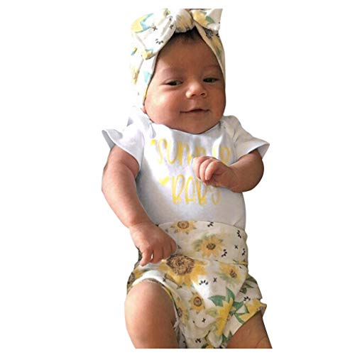 Baby Girls 2PCS Outfits, Newborn Baby Girls Letter Bodysuit Romper Jumpsuit+Sunflower Shorts+Headbands Outfits 0-18 Months White