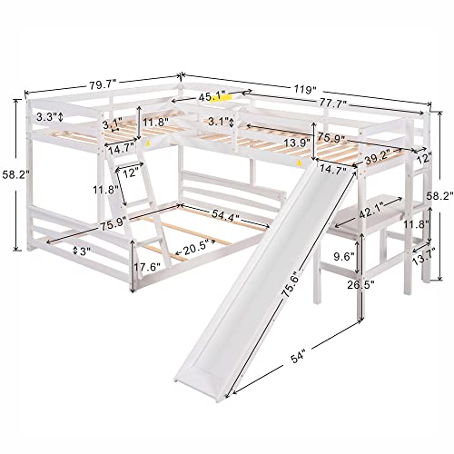 Merax Wood L-Shaped Bunk Bed With A Loft Attached, Triple Bedframe With Desk, Slide, And Guardrails, Twin Over Full, White #TOP1
