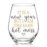 TOUNER It Is A New Year But I Am The Same Hot Mess Stemless Wine Glass, Funny Holiday Wine Glass Gifts for Women Mom Aunt Sister BFF, New Year Christmas Birthday Gifts for Women Sister Friend