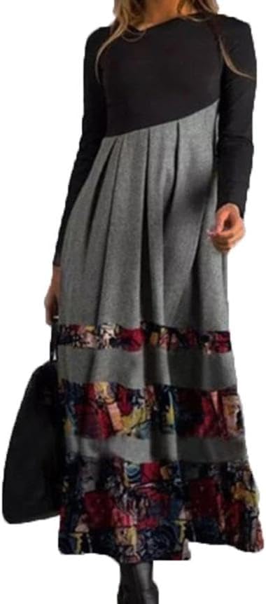 Akivide Women's Boho Floral Print Long Sleeve Maxi Dresses Casual Loose Long Dresses