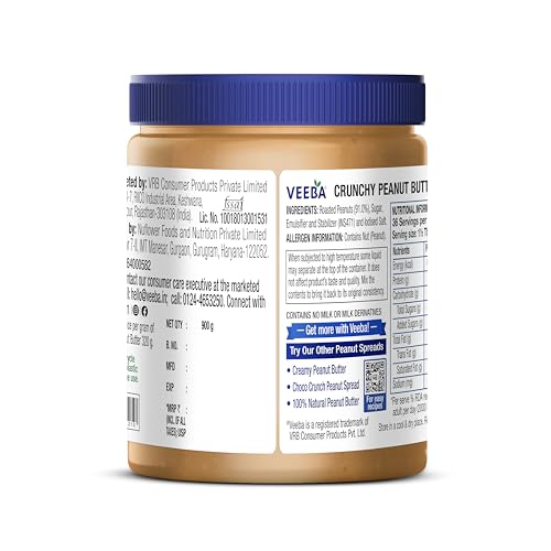Image of VEEBA Crunchy Peanut Butter| High Protein|Naturally Gluten Free|Vegan|Trans Fat Free|No Added Preservatives|No Added Colour&Flavour|Non Gmo|900G (Pack of 3)