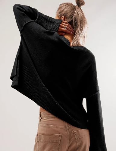 Image of Sweaters for Women Bell Long Sleeve Crewneck Side Slit Fall Winter Casual Oversized Pullover Knit Sweater Top (Black-S)