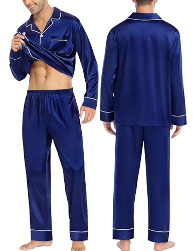 SWOMOG Couples Matching Pajamas Sets Women & Men Silk Satin Long Sleeve Button Down Sleepwear 2 Pcs Classic Loungewear Women Navy Blue Small3