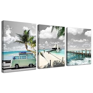 Acocifi Ocean Canvas Wall Art Beach Coastal Seascape Painting Mint Green Picture Bathroom Tropical Summer Turquoise Palm Tree Print Artwork Framed for Bedroom Living Room Home Office Decor 12″x16″x3