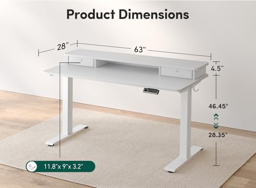 Image of FEZIBO 63 x 28 Inch Deeper Height Adjustable Electric Standing Desk with Double Drawers, Sit Stand Up, Home Office Computer Desk with 4 Height-Adjustable Feets & 2 Hooks, White Frame /White Top