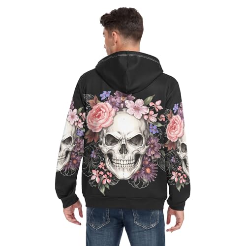 Image of ALAZA Men's Hoodie,Sugar Skull Floral The Day Of The Dead Zip-Front Sweatshirt
