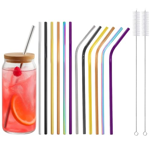 Woyinger 12 Pack 8.5" * 0.24" Stainless Steel Straws with 2 Cleaning Brushes, 6 Straight + 6 Bent Mental Straws, Compatible with 20oz Tumblers (Silver/Black/Gold/Rose Gold/Purple/Rainbow)