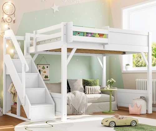 Image of KEIKI Solid Wood Full Size Loft Bed Frame with Stairs, Built-in Wardrobe and Storage Space, Full Loft Bed with Shelves, Full-Length Guardrails, No Box Spring Needed for Bedroom, Light White