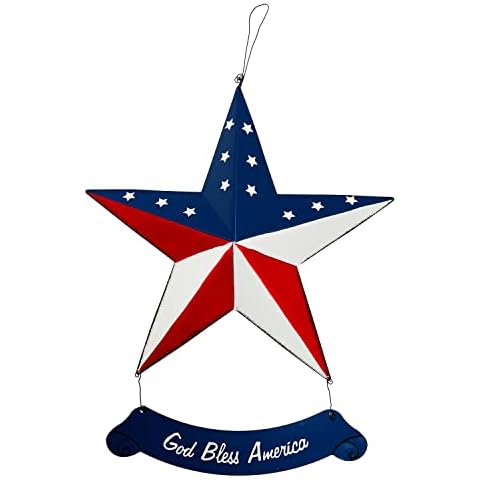 Rustic Metal 3D Barn Americana Stars Patriotic Wall Decoration American Flag Wall Star July 4th Country Americana Star with God Bless America Sign Indoor Outdoor Decoration (Star B) Cover