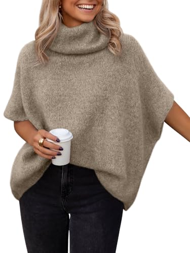 LILLUSORY Womens Mock Turtleneck Oversized Sweaters Cozy Short Batwing Sleeves Tops Fall Winter Loose Fit Chunky Clothes CoffeeGrey One Size