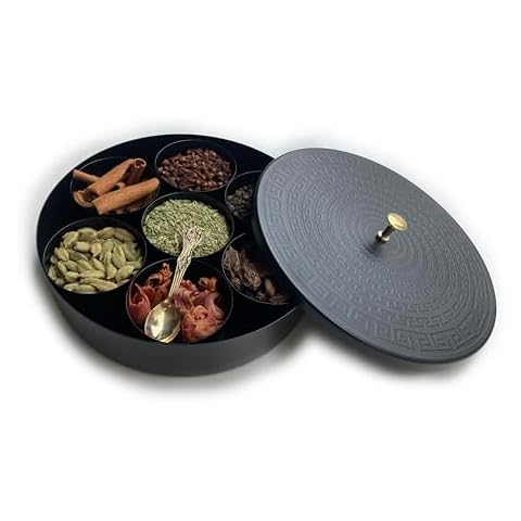 FESTIVE OFFER - ABHANDICRAFTS Metal Spice Box with Spoon & 7 Removable Containers Kitchen Storage Box Indian Masala Dani, Masala Box, Spice organizer Cover