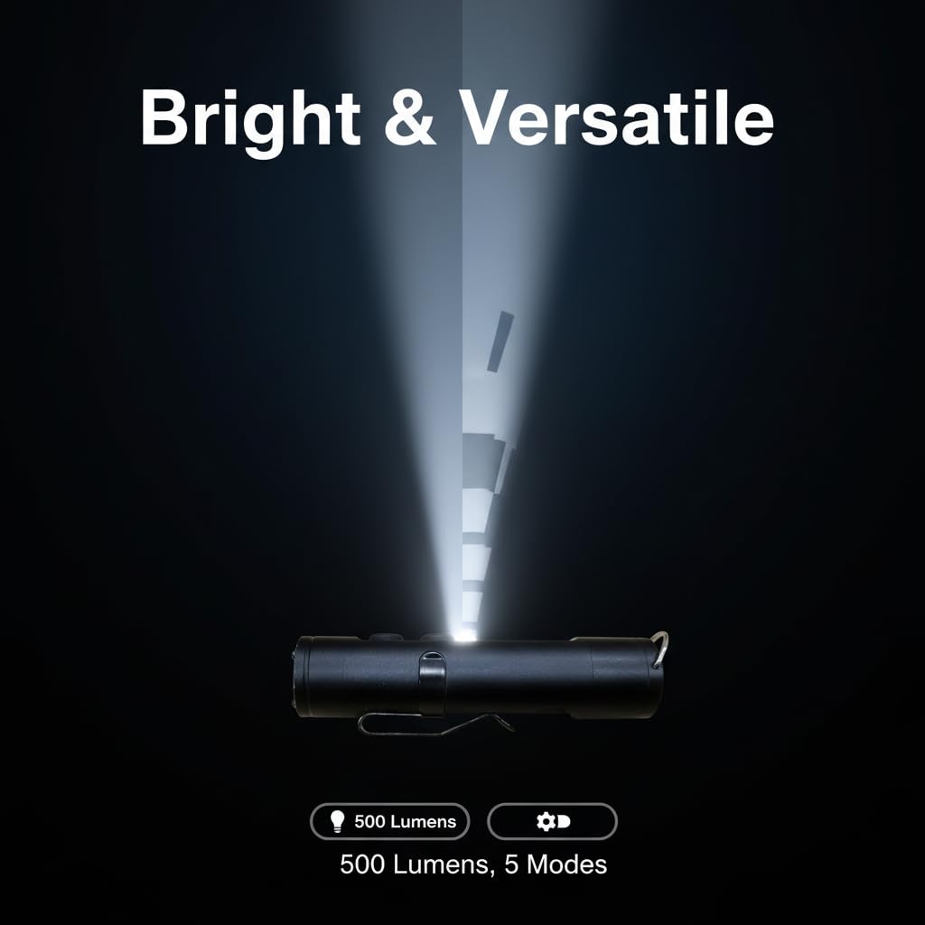 Wiederaufladbare EDC-Taschenlampe, 500 Lumen, Mini-Schlüsselanhänger, Taschenlampe mit Feuerstarter und Fensterbrecher, magnetischer Basis, Hutclip für Camping, Reisen, Notfall (schwarz)