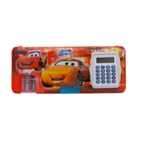 IZU Multipurpose Magnetic Pencil Box with Calculator, Dual Sharpener for Girls & Boys for School, Big Size Cartoon Printed Pencil Case for Kids. (CAR)