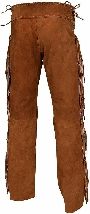 Western Suede Genuine Leather Pants Men Native American Buckskin Fringe Cowboy Pants Reenactment Mountain Trouser3