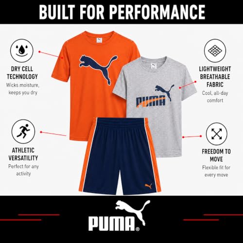 Image of PUMA Boys Active Shorts Set - 3 Piece Performance T-Shirt, Dry Fit Tank Top, and Gym Shorts - Activewear Set for Boys (4-16)