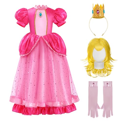 Spooktacular Creations Halloween Pink Peach Princess Dress, Kids Princess Dress Up Set, Peach Crown Costume for Girls Toddler Halloween, Birthday, Roleplay Party (Small, 5-7 yrs)