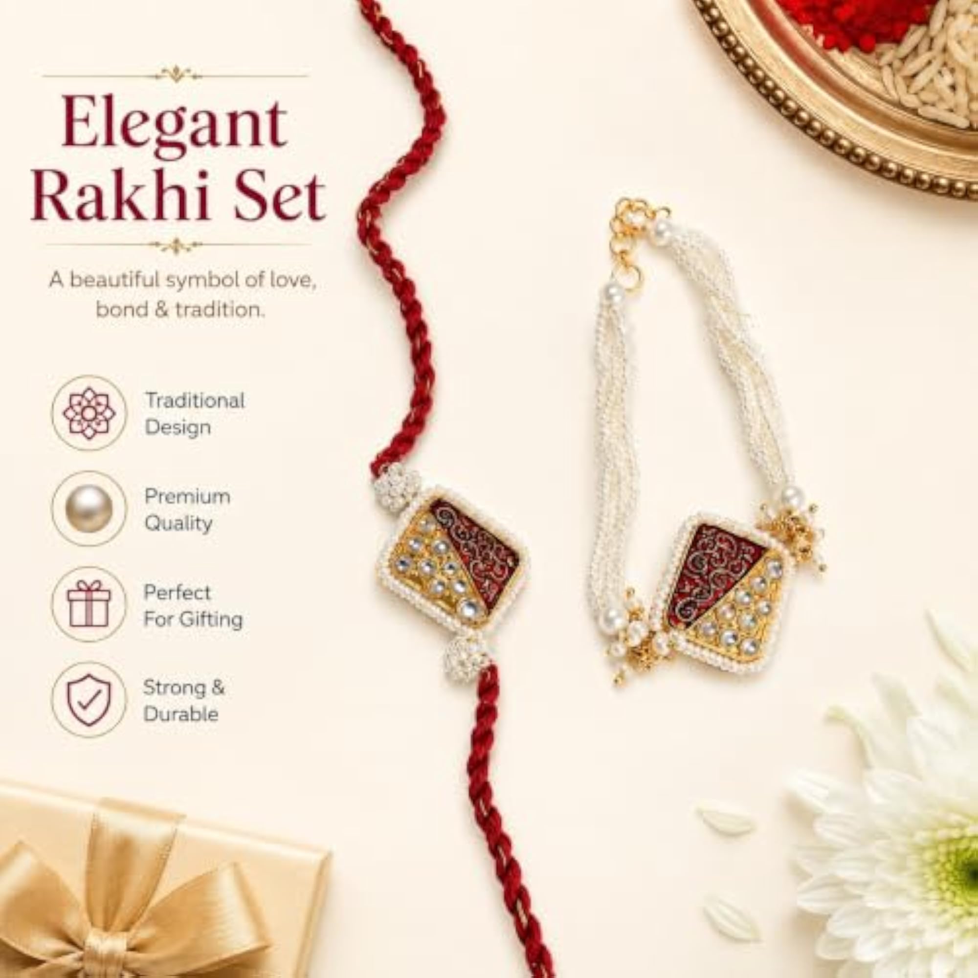 Handcrafted Red & Pearl Rakhi Set for Bhai Bhabhi