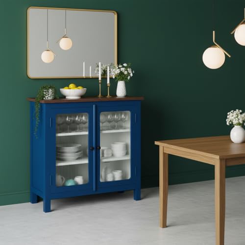 Image of APRODZ 2 Door Cabinet with Wicker Front 2 Shelves | Mango Wood Storage Organizer | Rustic Durable Stylish Wooden Furniture | Compact Design Home Decor (Blue & Off White)