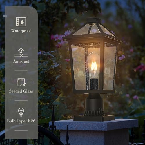 Image of zeyu 16.5-Inch Outdoor Post Light, Black Aluminum, Seeded Glass, ZX58MP BK | Die-Cast Aluminum Post Lantern Fits a 3-Inch Base, Post, or Pole; Uses One E26 Bulb Up to 100W, Sold Separately.