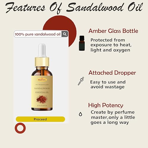 Image of Khadi Sandalwood Essential Oil, Pure Natural Steam Distilled, Therapeutic Grade, 15ml