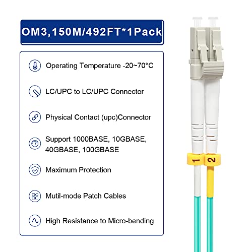 Image of FLYPROFiber- LC to LC Fiber Patch Cable OM3 150M /492ft, Length Options: 0.2m-200m, 10GB /40GB Multimode Duplex 50 /125um Fiber Optic Cable Cord LSZH-150Meter(492ft)
