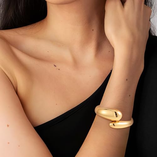 Yowivon Gold Bangles Bracelet for Women, Irregular Chunky Gold Bracelet Teardrop Wave Twisted Hinged Open Bangle Bracelets, Non Tarnish 18K Gold Plated Thick Cuff Bracelets Trendy Jewelry Gifts3