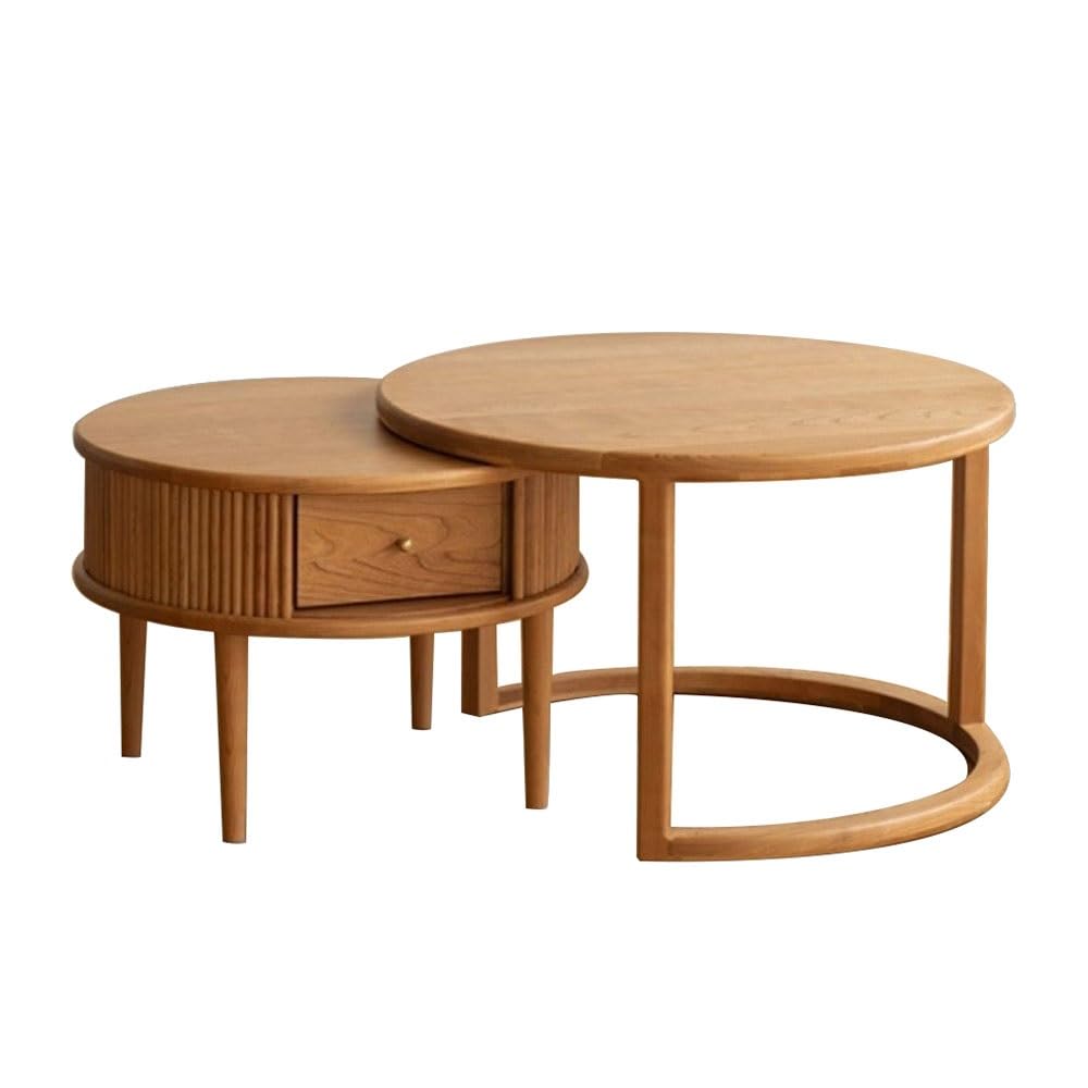 ZTHYSHOZ Side Table Nested Round Wooden Coffee Table Set 2-Piece with Drawer & Shelf Living Room