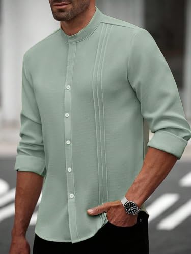 Image of TAGDO Men's Mandarin Collar with Button-Down Shirts | Full Sleeve Linen Casual Shirt for Man | Stylish Summer - Regular Fit Office, Party (2047)