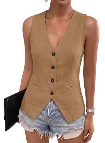 Dokotoo Womens Vest Dressy Casual Button-Down Lined Suit Vests Brown L