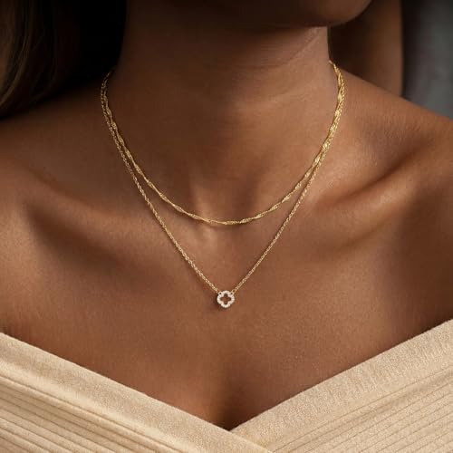 Dainty Gold Necklaces for Women Trendy Non Tarnish 14K Gold Plated Cubic Zirconia Necklace Layered Simple Cute Four Leaf Clover Choker Jewelry Birthday Gifts - Image 5