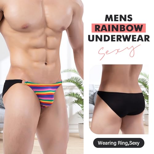 Mens Rainbow Briefs Metal Ring Sexy Underwear Striped Panties2
