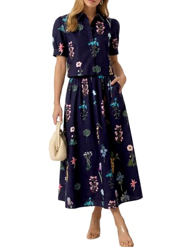 Tankaneo Womens Floral 2 Piece Skirt Set Summer Puff Sleeve Crop Blouse and Maxi Dress Outfits Matching Vacation Outfits Navy