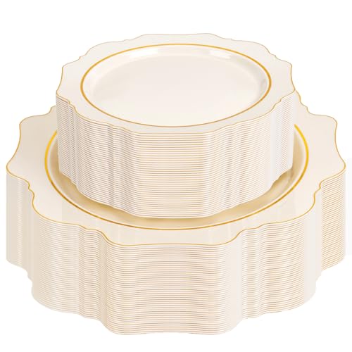 WDF 100PCS Ivory Plastic Plates with Gold Rim - Cream
