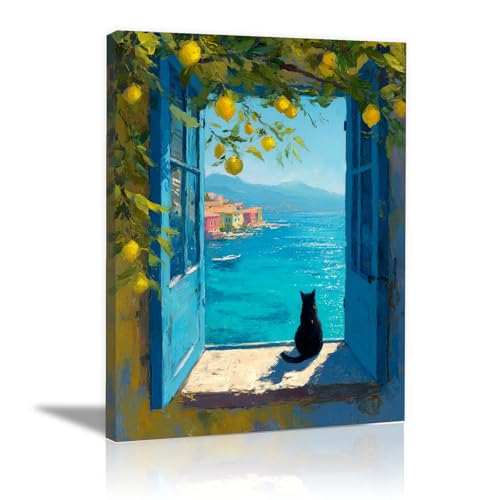 Lienzos decorativos de gato en la ventana del mar estilo nórdico enmarcado amarillo 20x30cm