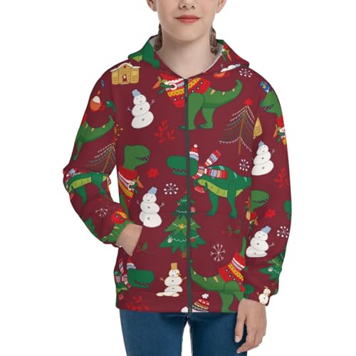 Dinosaur Christmas Happy New Year Kids Pullover Hoodies Boys Zip Up Sweatshirts Girls Athletic Clothes with Pocket3
