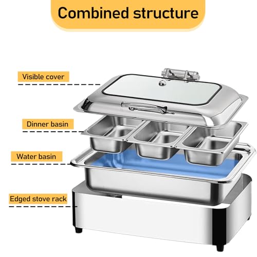 Chafing Dish Elektrisch, 9L Edelstahl Speisewärmer Buffetwärmer mit Sichtbarem Glasdeckel, Kommerziell Wärmebehälter für Essen - Einstellbarer Temperatur, Beste Wahl für Buffets und Partys(Size: – Bild 6