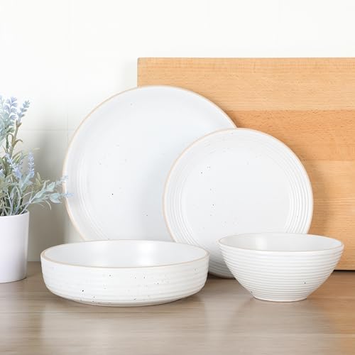 Image of Gibson Home Dinah 16-Piece Matte White Stoneware Dinnerware Set - Double Bowl, Embossed Speckled Design, Durable Kitchen Dinnerware