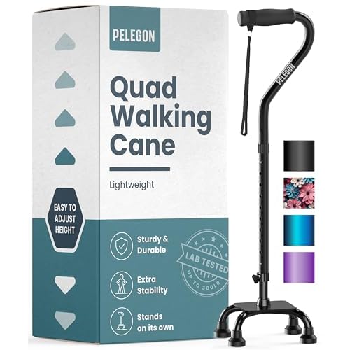 PELEGON Quad Cane (300 lbs) - Adjustable Walking Stick with a Large 4 Prong Base for Extra Balance and Stability, Walking Sticks for Seniors, Walking Stick for Men and Women, Walking Sticks (Black