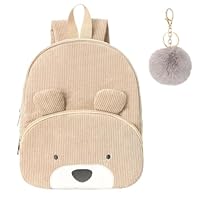 Corduroy Toddler Backpack, Kids Mini Nursery Bag with Cute Bear Pattern & Fur Ball Pendant, Lightweight Preschool Bag for Girls & Boys, Small Cartoon Rucksack for Kindergarten School Travel (Khaki)
