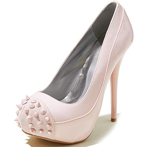 Qupid Women's Spiked Cap Round Toe Platform Pumps Glitter