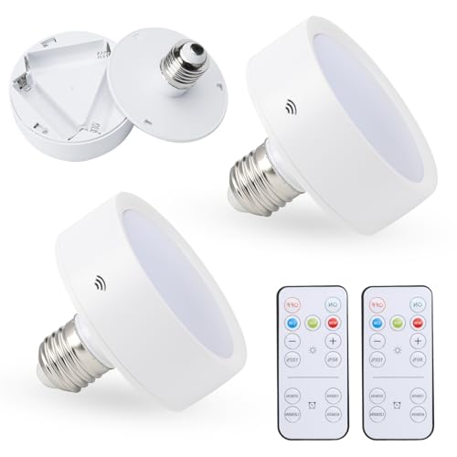 HAMON 2 Pack Battery Operated Light Bulb for Lamps, E26/E27 Screw in LED Puck Lights with Remote, Replacement AA Battery Powered Dimmable Timer Light Bulb for Wall Sconce, Lamps, Pendant light
