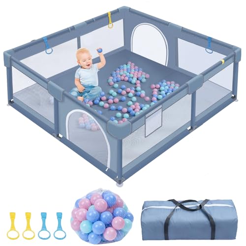 Parque infantil de 150 x 180 cm, con 50 bolas y 4 anillos de escala, zona de juegos segura para niños, fondo antideslizante, tejido transpirable, borde reforzado, bolsa de transporte incluida, gris