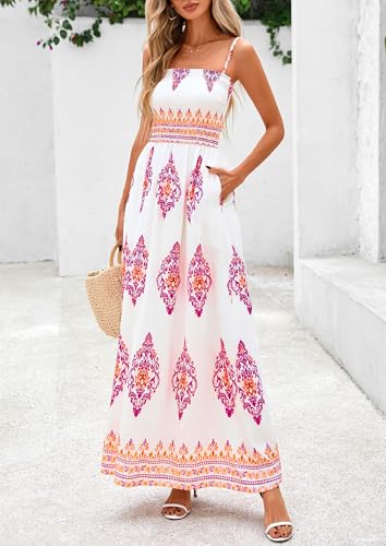 Image of PRETTYGARDEN Women's Summer Boho Maxi Dress Floral Sundresses | Spaghetti Strap, Sleeveless, Smocked Bodice, A-Line Long Flowy, Lightweight Soft, Wedding Guest Party, Beach Vacation Outfits
