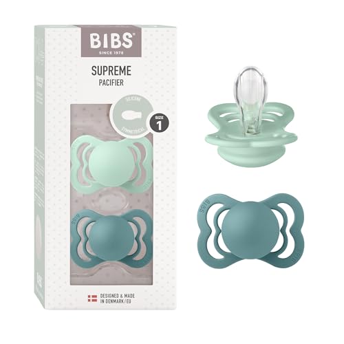 Image of BIBS Supreme Baby Pacifier 2-Pack | Made in Denmark | BPA Free Dummy Soother, Symmetrical Nipple. Silicone, Size 1 (0-6 Months), Nordic Mint / Island Sea